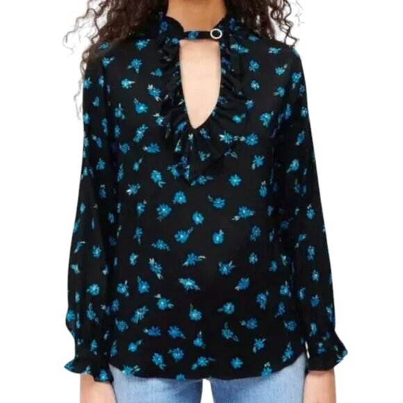 Zara Black with Blue Flowers, Ruffle edge Sleeves Size MED EUC - Picture 2 of 4